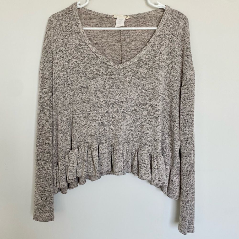 Olivia Rae Gray Soft High Low Long Sleeve Cropped Sweater Top Ruffles Size Large